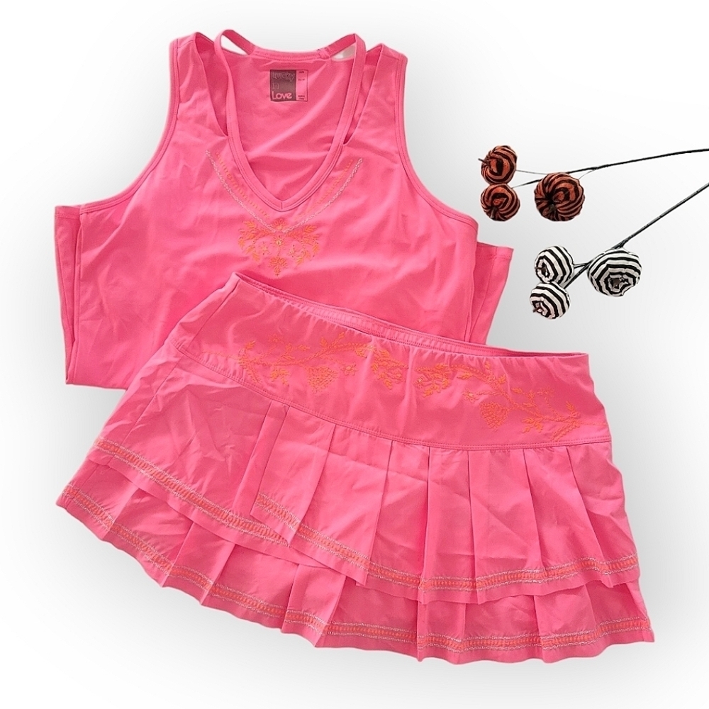 Lucky In Love Pleated Ruffle Skirt Matching Tank Top Barbie Pink Embroidered.
